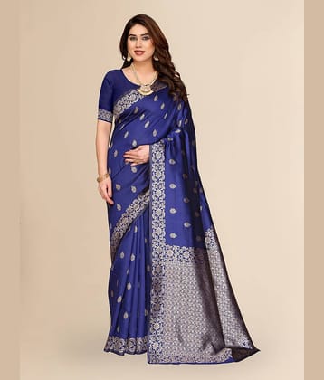 HEMA SILK MILLS Silk Printed Regular Saree With Unstitched Blouse Piece ( Blue )