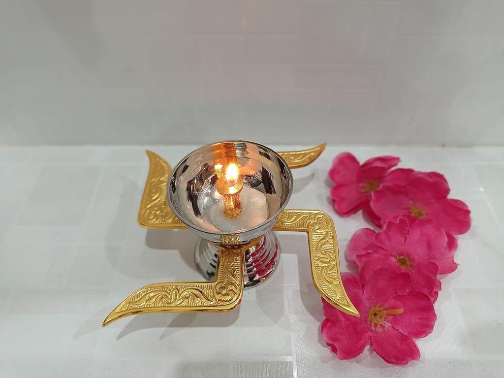 Golden Swastik Diya Set for Puja & Home Decor - Auspicious Akhand Jyot Lamp