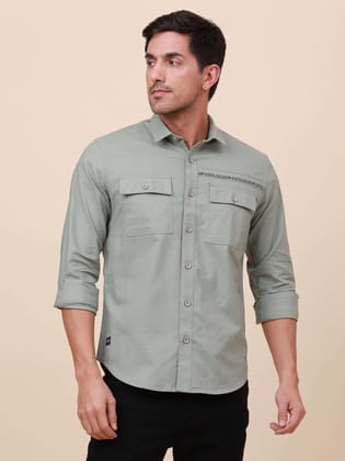 Olive Solid Double Pocket Shirt-S