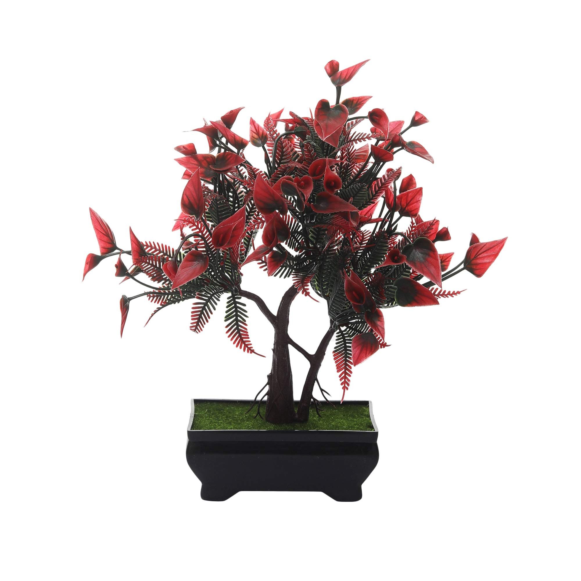 FOLIYAJ Artificial Twin Trunked Bonsai Tree with Green Red Leaves and Flowers