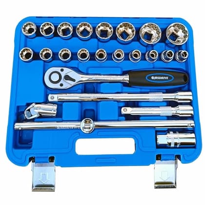 Eastman (12.7)1/2" Drive 24-Pcs Socket Set with Blow Mold Case, Mirror Finish, Knurled Sockets, Heavy-Duty Ratchet Handle, Ideal for Automotive Use (E-2260N)