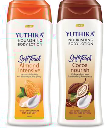 Yuthika Nourishing Body Lotion 100ml Combo Pack of 2, Non Greasy Almond and Cocoa Nourish Body Lotion for Women & Men
