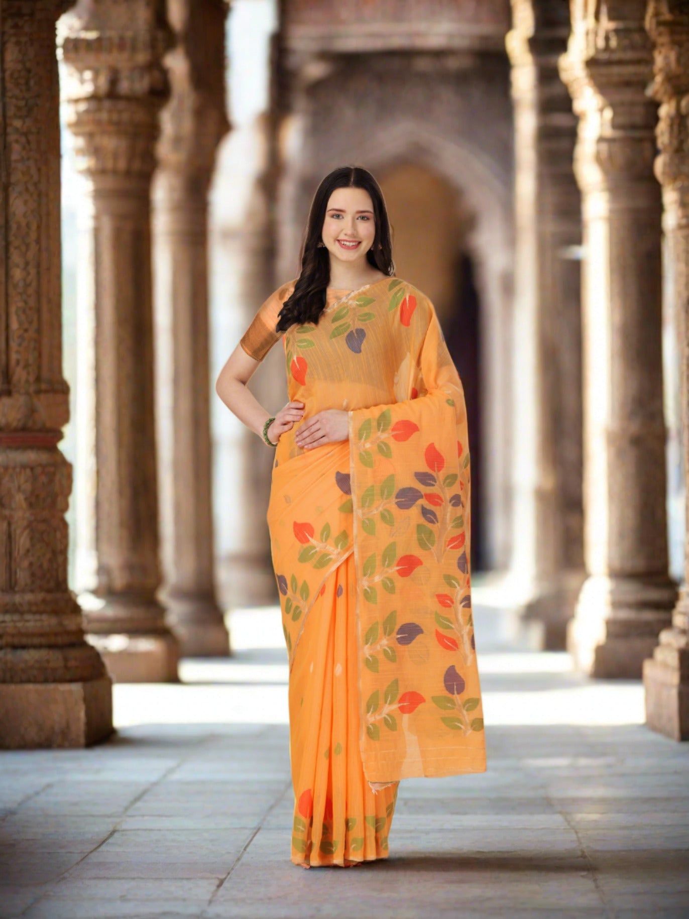 Orange Soft Cotton Floral Printed Saree
