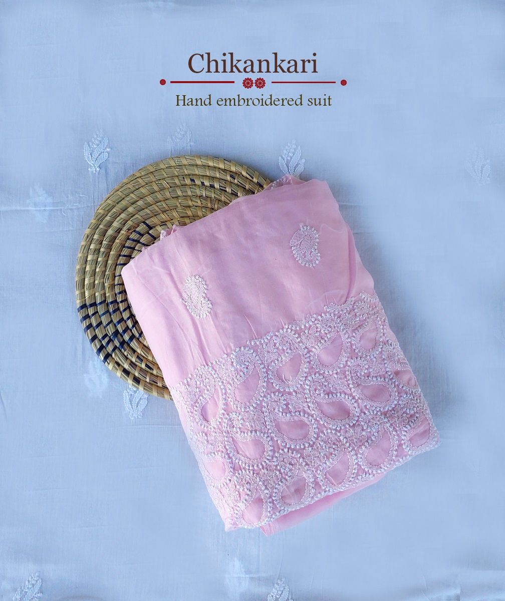 Handcrafted Chikankari Cotton 3-Piece Suit | Pink