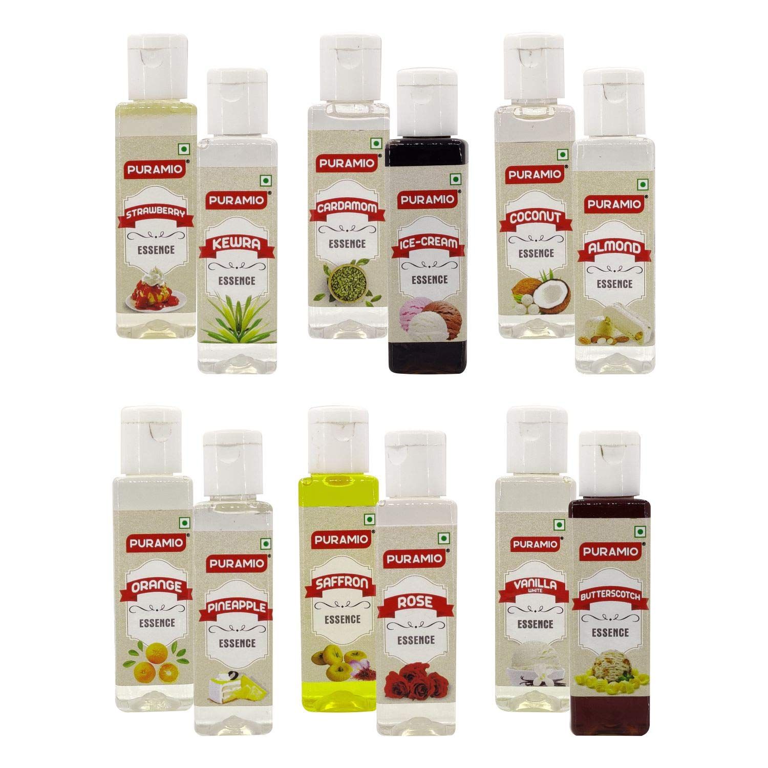 Puramio Liquid Food Essence (Vanilla White, Pineapple, Rose, Orange, Saffron, Cardamom, Butterscotch, Kewra, Strawberry, Almond, Coconut, Ice Cream), 30 ml Each - Pack of 12