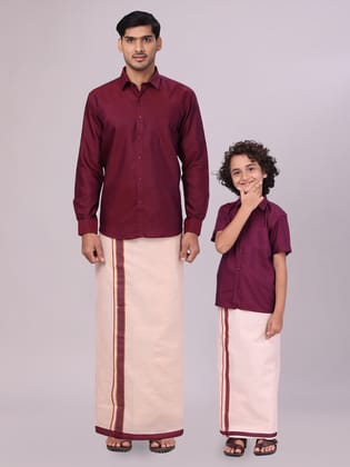 Father & Son Maroon Cotton Shirt & Matching Border Tissue Dhoti Combo-36 / 1-2 Yrs / F/S