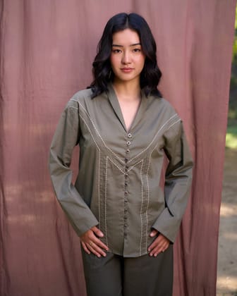 Kantha Embroidered Shawl Collar Shirt - Earthy Olive-XS