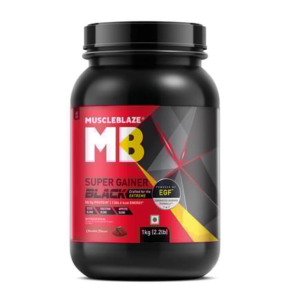 MuscleBlaze Super Gainer Black (Chocolate, 1kg ), With Enhanced Gaining Formula Appetite, Digestion & Testo Blend for Muscle Mass Gain