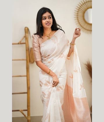 Gazal Fashions Silk Woven Banarasi saree With Unstitched Blouse Piece ( White,Rose Gold )