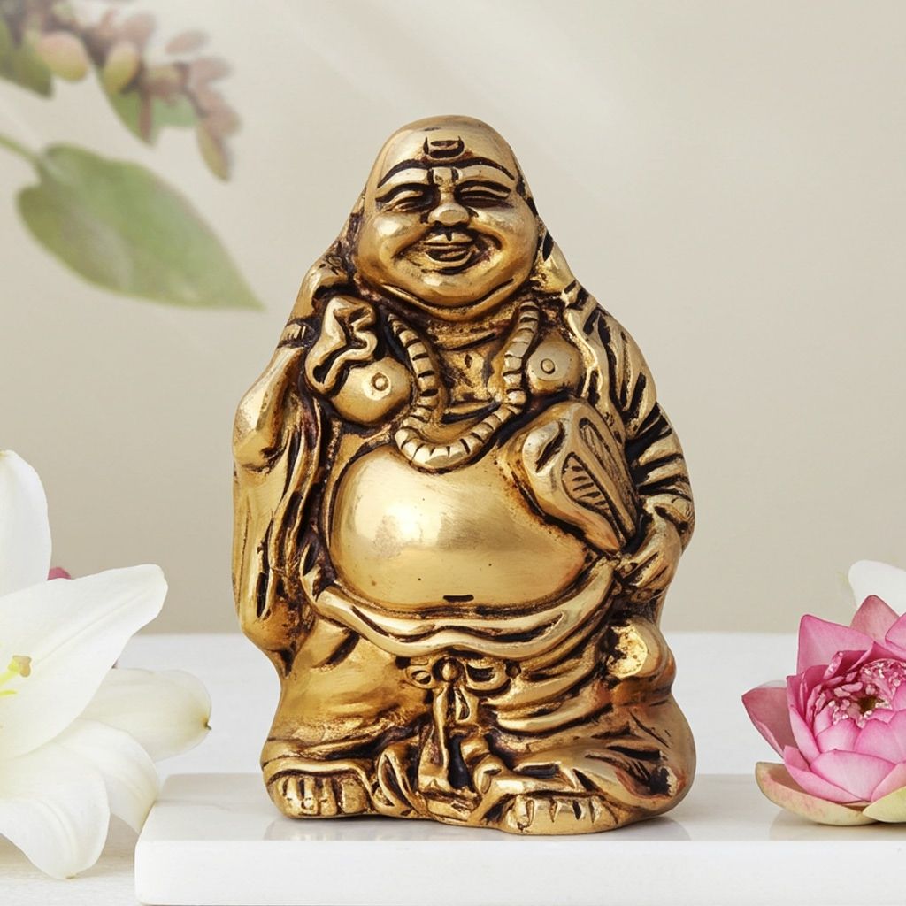 Brass Laughing Buddha Statue - Good Luck Decorative Idol, Height : 4.2 Inch (BSMAS1460 F)