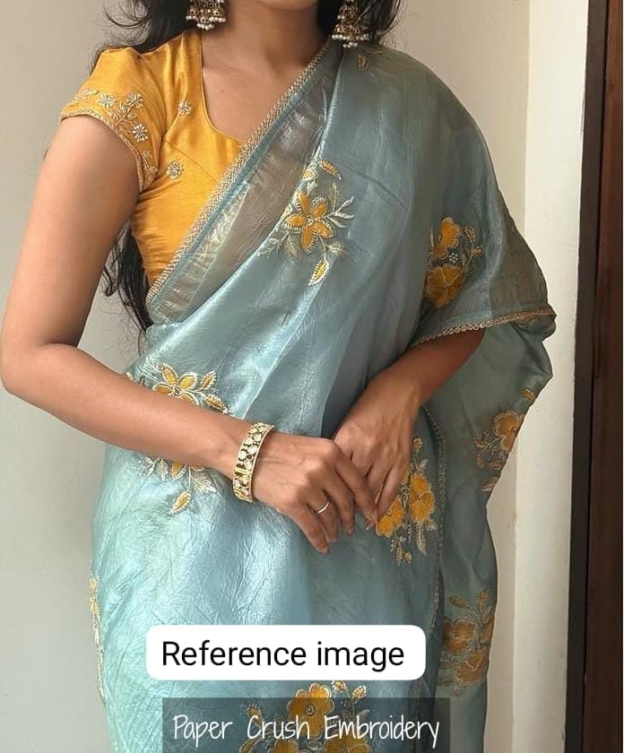 Elegant paper crush saree with beautiful floral design embroidory all over saree  with beautiful lace