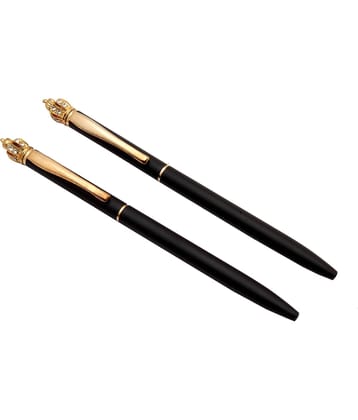 Set Of 2 Taj Ballpoint Pens Crystal Diamonds On Golden Crown Slim Size Matte Black Metal Body & Blue Refill