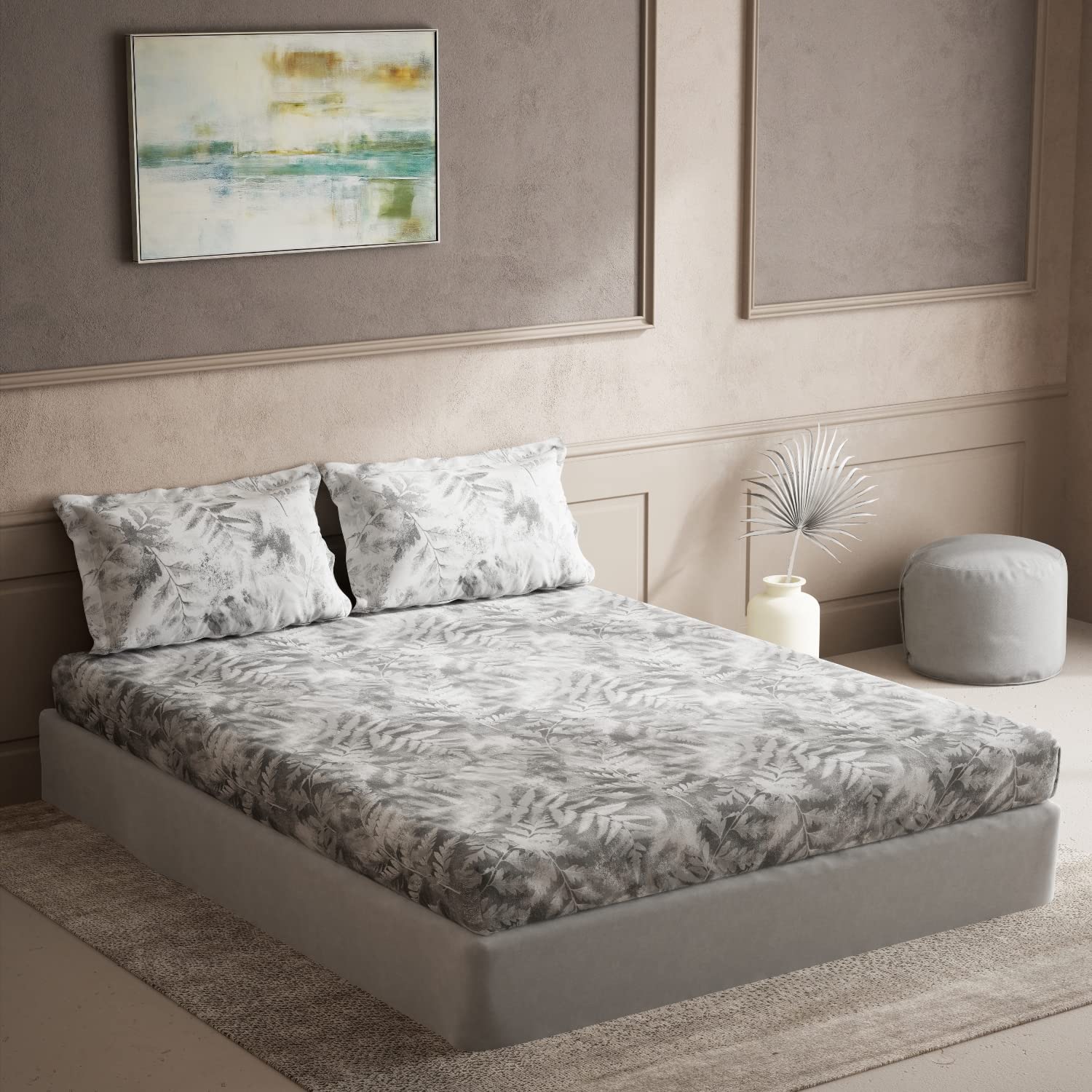 DDECOR - Maxima Collection 100% Cotton Leaves Pattern 136TC Super King |274 CM X 274 CM| with 2 Pillow Covers - Grey