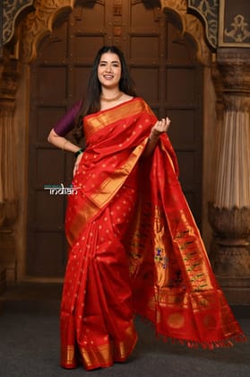 Parampara  Revival ~ Handloom Pure Silk Maharani Paithani with Majestic Maharani Pallu in Bright Red
