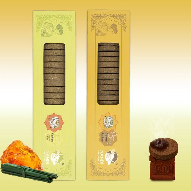 Nandi Panchgavya 100 Percent Desi Cow Dung Cake (42 Pcs) Plus 1 Tulsi Stand Lemongrass & Amber Fragrance