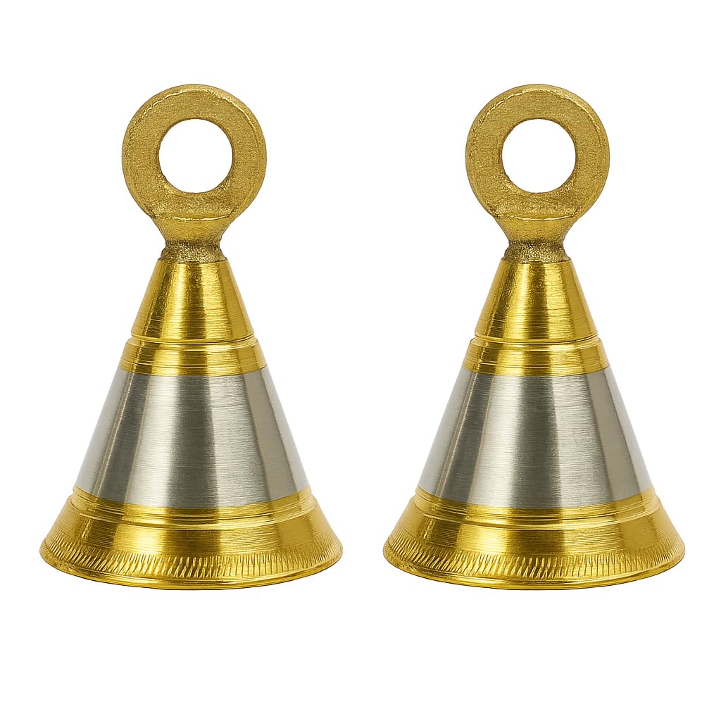 Brass Pooja Room Door Bells with Hooks (Pack of 2) � Traditional Hanging Ghanti for Temple & Home � Dual-Tone Finish � Silver & Gold Color Decorative Brass Bell for Worship & Decoration