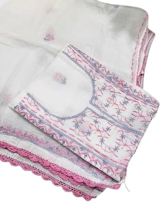 Tulip Handcrafted Kota Doria Unstitched Suit Fabric with Intricate Embroidery � White Base with Pink & Blue Floral Work
