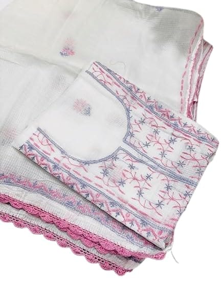 Tulip Handcrafted Kota Doria Unstitched Suit Fabric with Intricate Embroidery � White Base with Pink & Blue Floral Work