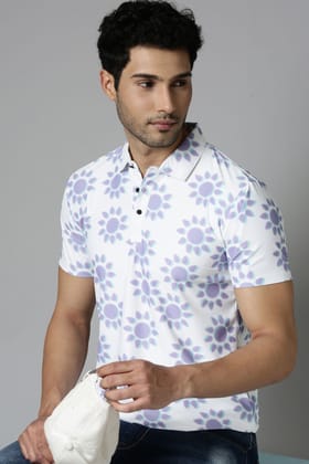 Powder-White Printed Polo T-Shirt-L