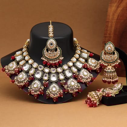 Red Color Kundan Necklace Set (KN1377RED)-Adjustable Rope / Red / Alloy With Good Quality Gold Plated