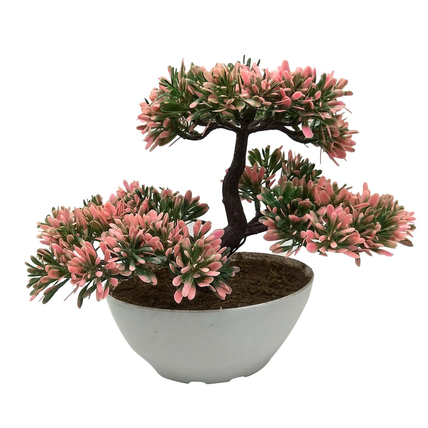 FOLIYAJ 3 Headed Artificial Bonsai Tree with Greenish Pink Leaves for Indoor/Outdoor,Office and Home Decoration