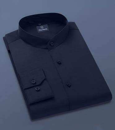 Men's Full-Sleeve Mandarin Collar Regular Fit Cotton Lenin Shirt-Navy Blue-M