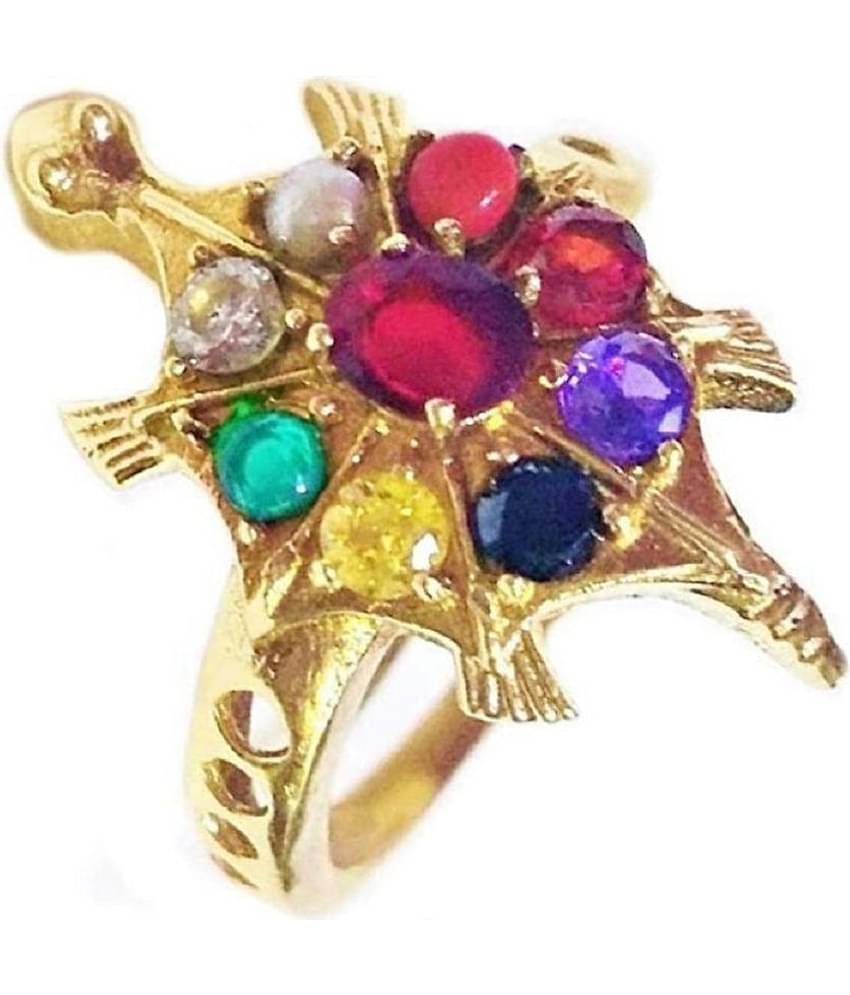 Rudra Divine Navratan Tortoise Ring Gold Plated With With Real Semi-Precious stone
