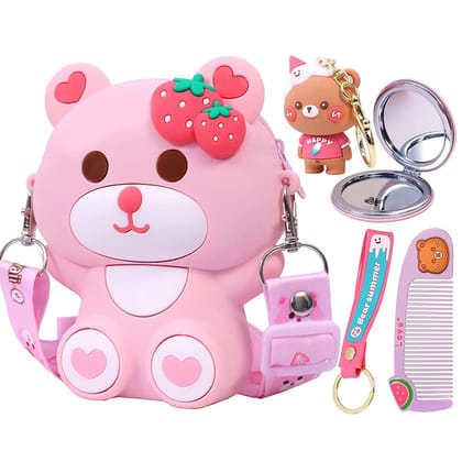 Adorable Teddy Design Sling Bag with Comb and Mirror-Pink