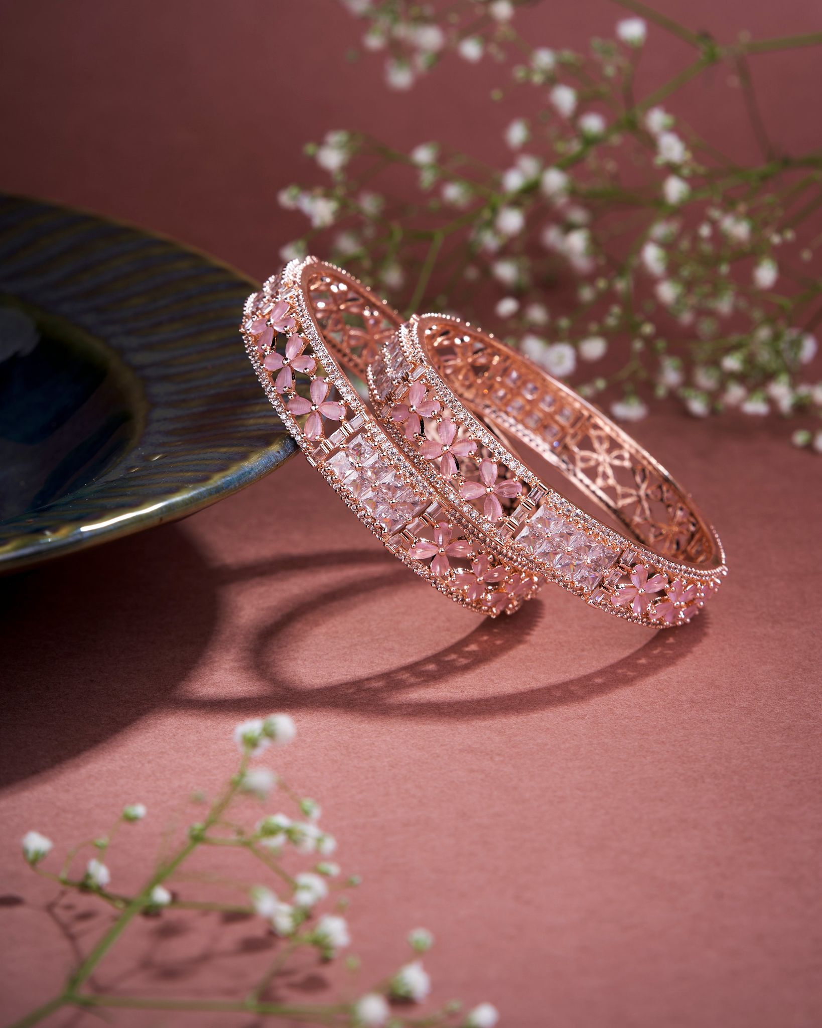 Crimson Flower Rose Gold Bangles (Pack of 2)-Mint Pink / Rose Gold / 2.4