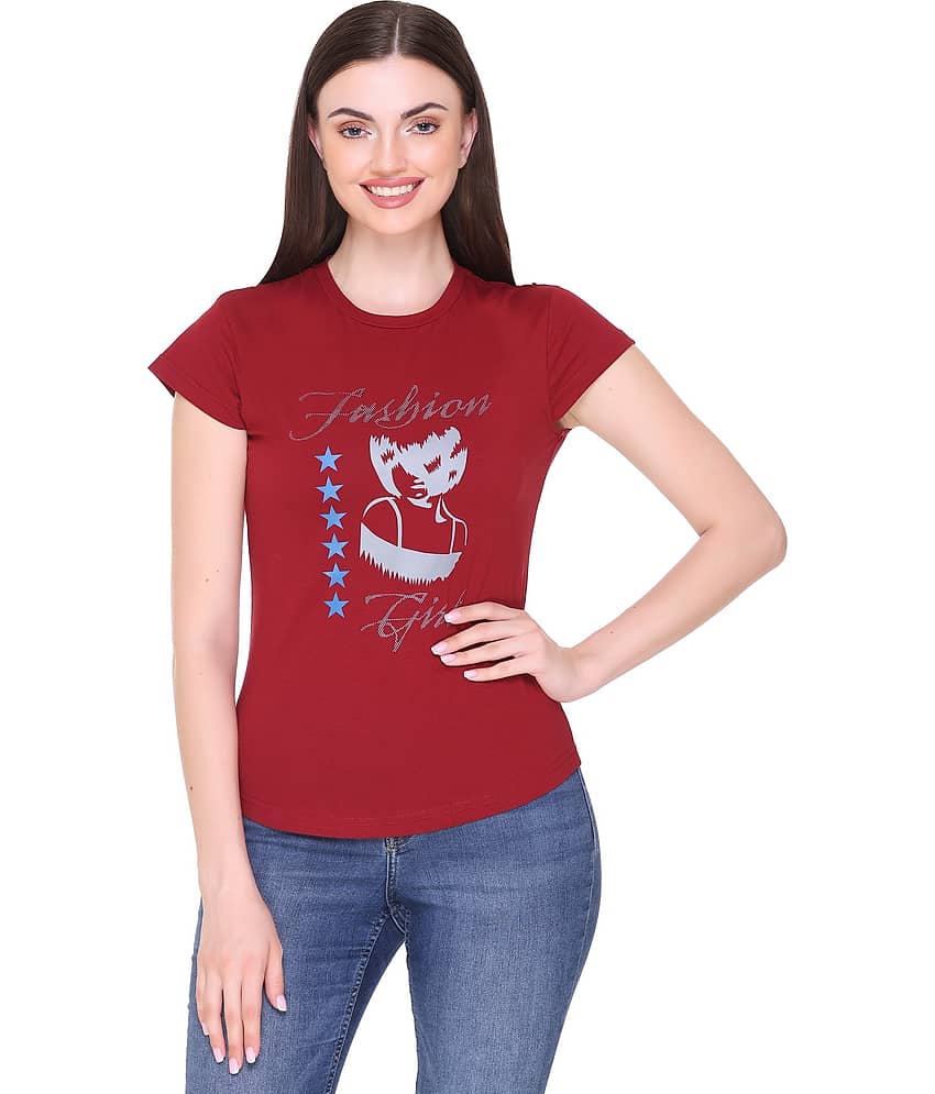 RF RAVES Women Cotton Printed Regular Fit Round Neck T-Shirt ( Maroon )