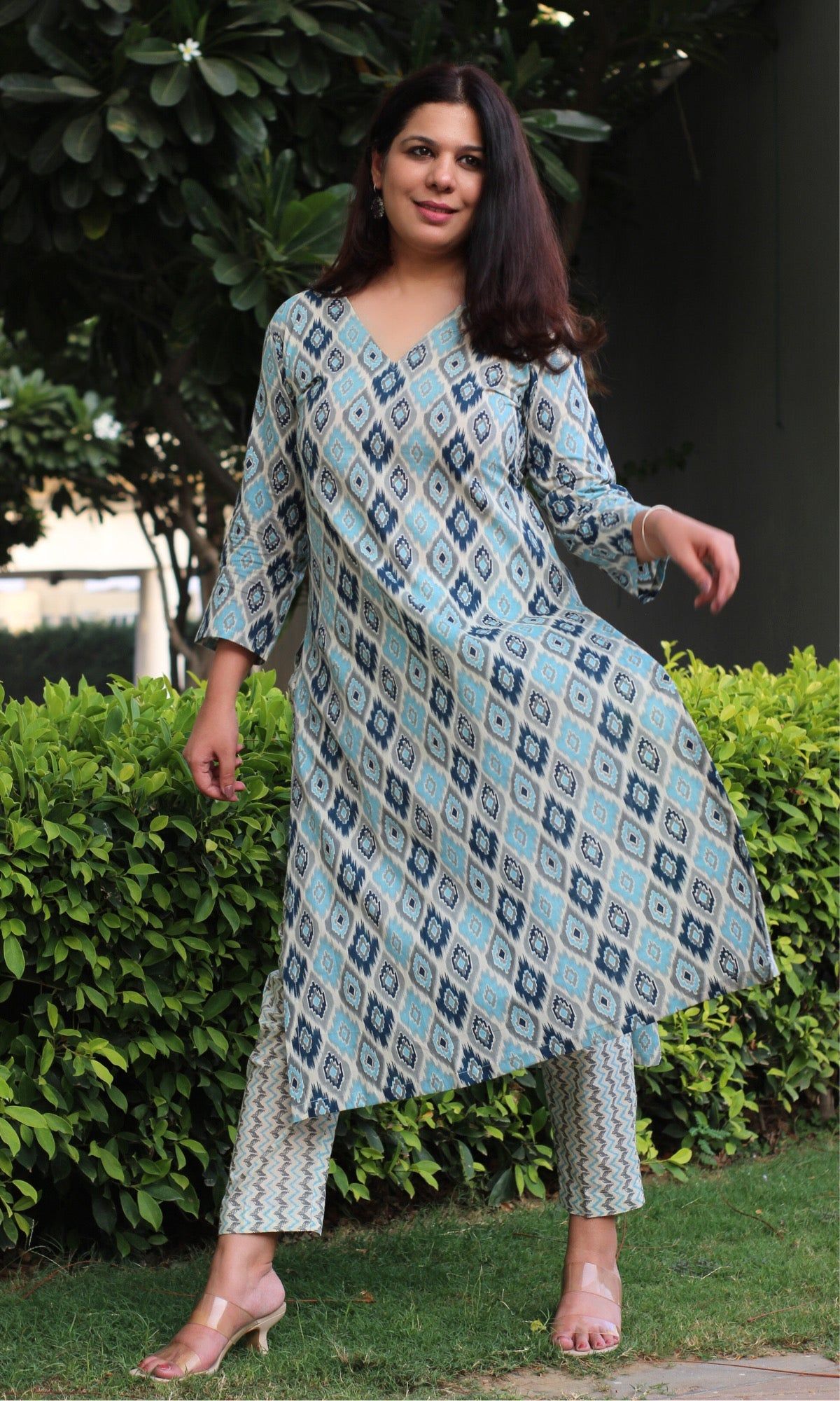 Cotton Block Print Blue Kurta and Pants-XS