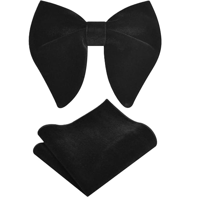 VOICI Men's Velvet oversized Bow Tie and Pocket Square Black Color Free Size best for Tuxedo dinner jackets - Bow Tie Pocket Square