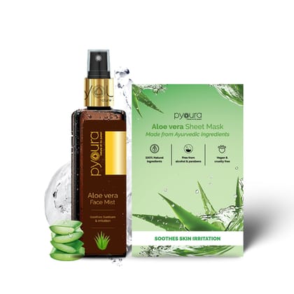 Aloe vera Skin Repair Combo: Face Toner Mist Serum (100ml) + Sheet Mask (Pack of 1)<h4>For Hydration & Sunburn, Refreshes & Revives Damaged Skin<h4> <h6> Both products are 100% vegan, cruelty-fre