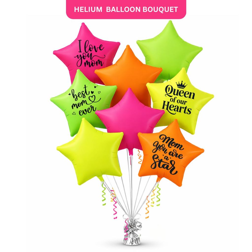 Mom You’re Special Printed Helium Filled Balloon Bouquet with UV Neon Star Balloons Set of 8 - Party and Festive Needs | Buy online on ZillyBuy
