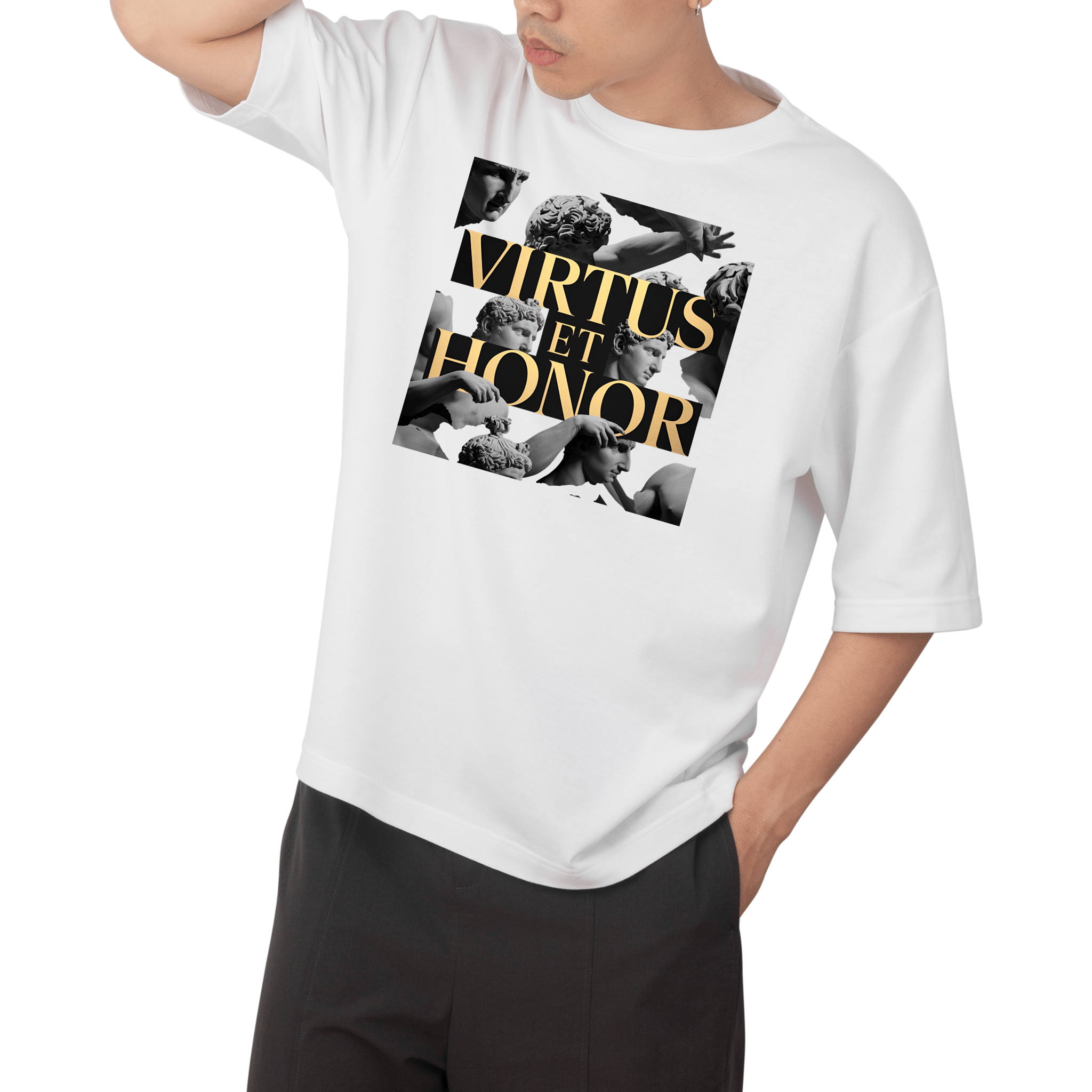 rasb virtus et honor  - T-Shirt - Round Neck Drop Shoulder Graphic Printed Oversized Cotton T-shirt (Copy)-S / White
