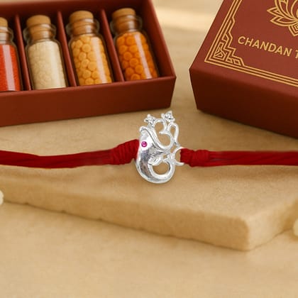 Pure 92.5 Silver Om Ganpati Rakhi with Chandan Tilak Set