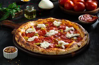 Italian - Pizza Marinara With Pepperoni, Burrata, Jalapeno & Olive Oil