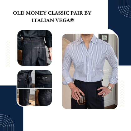 Old Money Navy Stripe Shirt with Space Blue Veteran Denim Gurkha Pant by ITALIAN VEGA®-M / 28