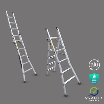 Multipurpose Wall Supporting & Stool Type Foldable Aluminium Ladder, Flat Steps (Model: K-7006, Height: 6ft + 7ft in Heavy )