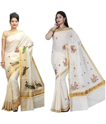 RSV FABRICS Kerela Cotton Saree With Unstitched Blouse Piece ( Grey,Beige )
