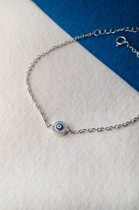 Evil Eye Round Hand-Painted Delicate Sterling Silver Chain Bracelet-Silver / 6 inches adjustable upto 8 inches
