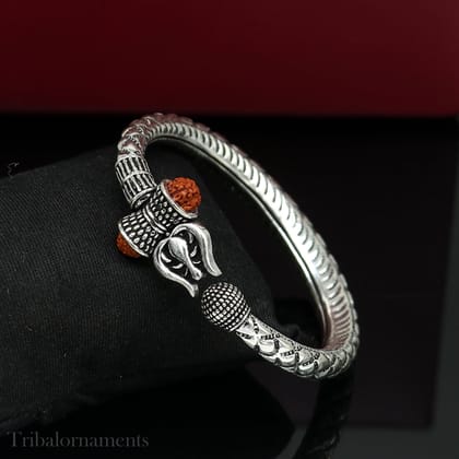 925 Sterling silver handmade chitai work Lord Shiva trident trishul kada bangle bracelet natural Rudraksha beads customized kada nsk380