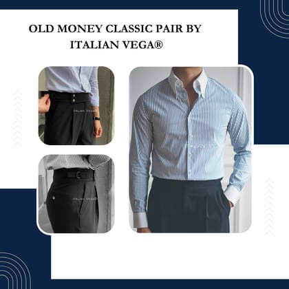 Old Money Classic Stripe Shirt with Black Signature Buttoned Gurkha Pant by ITALIAN VEGA®-M / 28