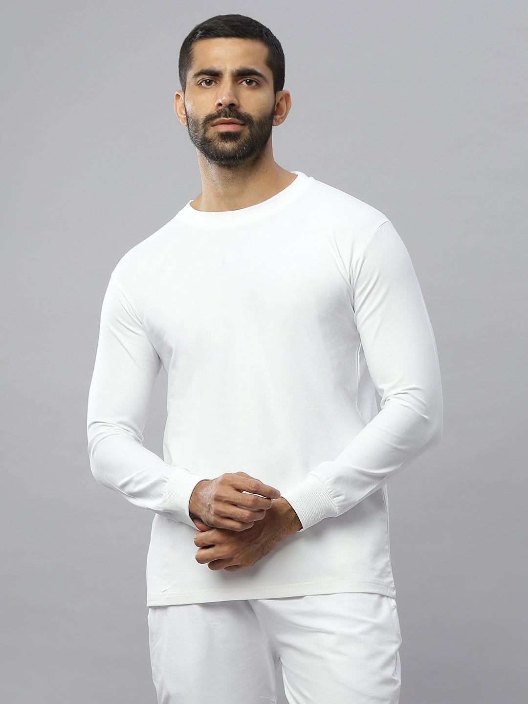 White Supima Full Sleeve Round Neck T-shirt-M