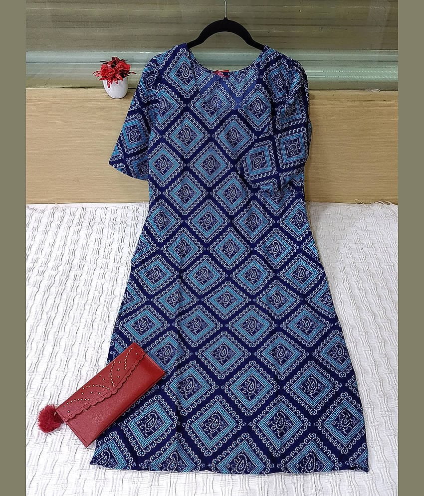 Ethnic Basket Pack of 1 Crepe Printed Straight Women's Kurti - ( Blue )