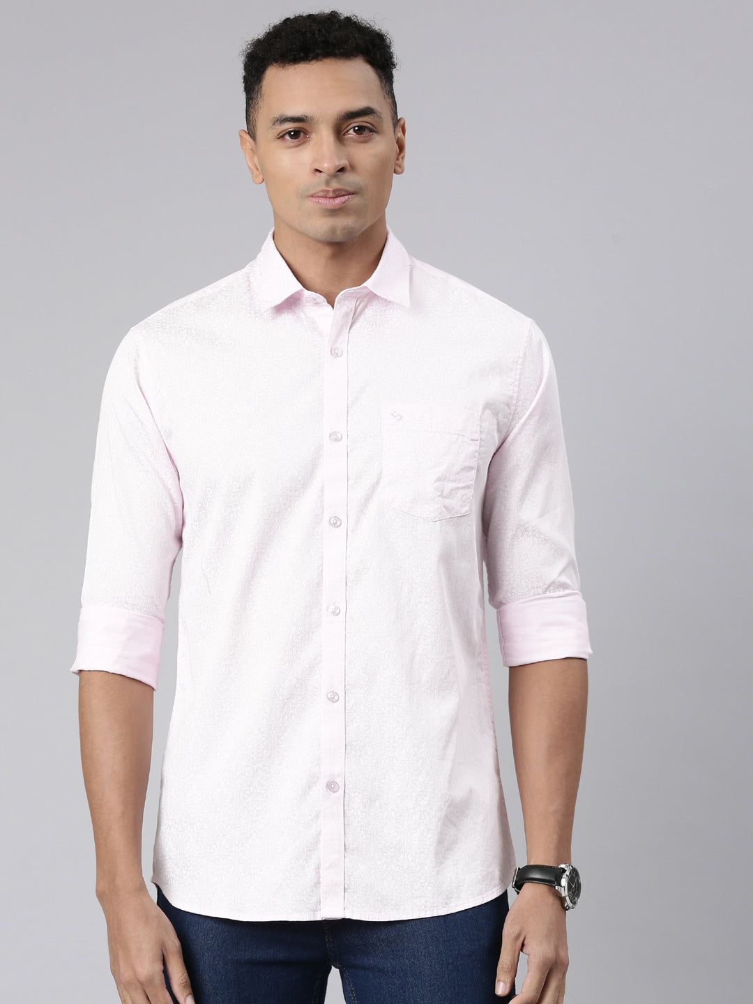 Classic Polo Men's Full Sleeve Lt.Pink/White Polo Neck Cotton Slim Fit Casual Shirt | SP2-139-PRT-SF FS
