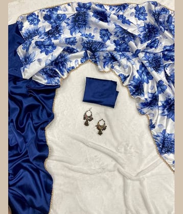 Aika Satin Printed Saree With Unstitched Blouse Piece ( Navy Blue )