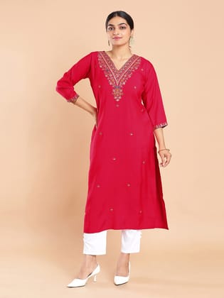 Kalyan Silks Butta Designed Thread Worked Ruby Pink Kurti Top