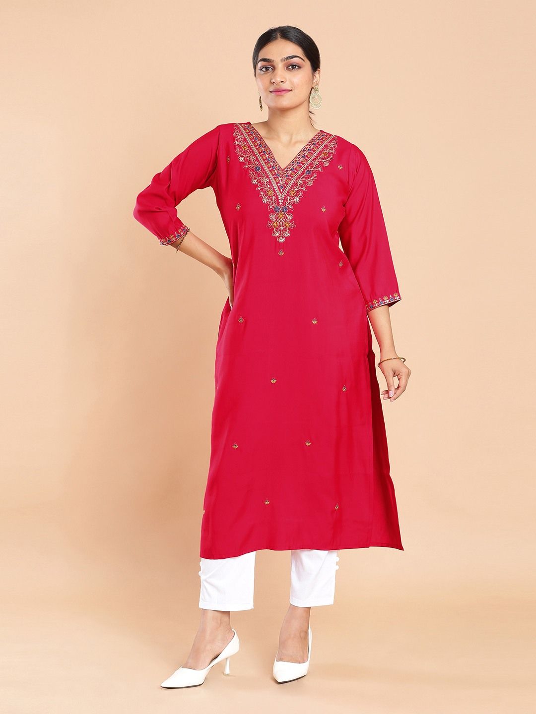 Kalyan Silks Butta Designed Thread Worked Ruby Pink Kurti Top