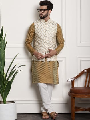 Men's Silk Blend Mustard Kurta Pyjama & Cream Embroidered Nehrujacket-38